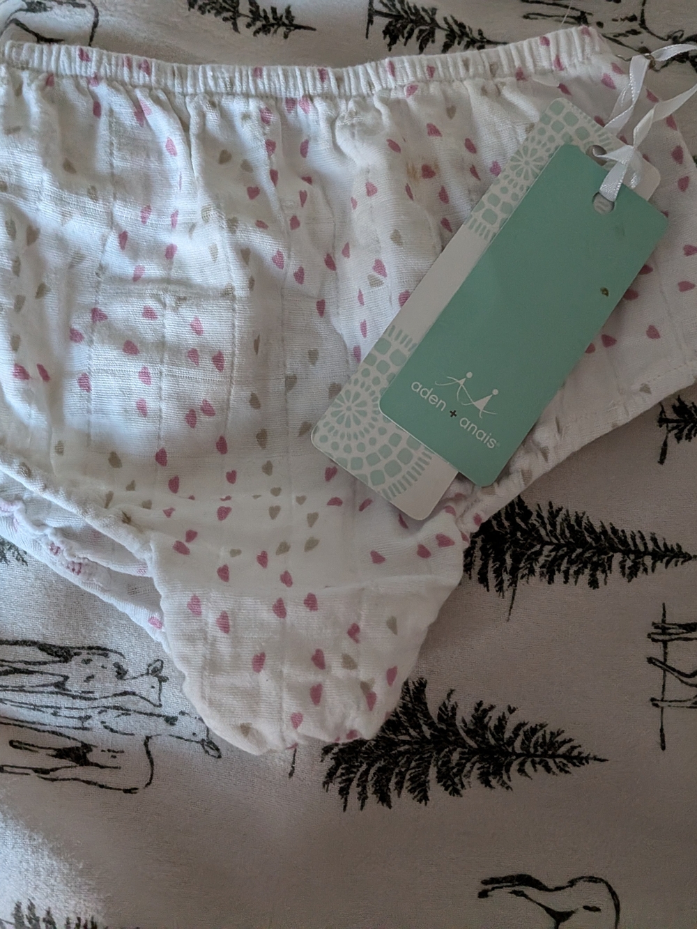 aden + anais White Muslin Baby Bloomers with Pink and Gray Heart Print